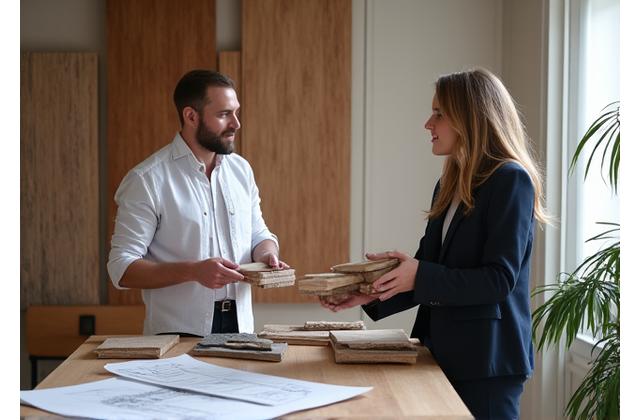 Designer présentant des échantillons de bois et de pierre à un client