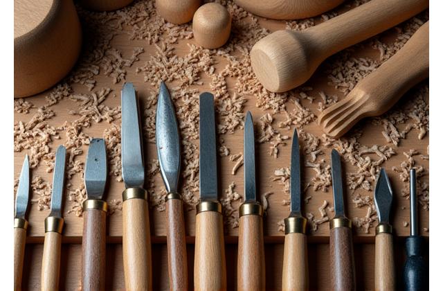 Outils de sculpteur sur bois et copeaux